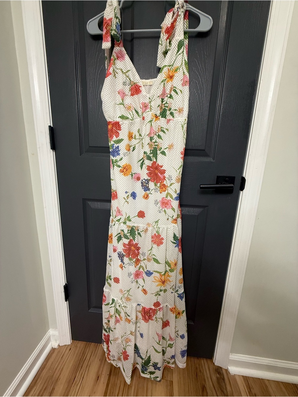 Lime Lush Floral Mesh Tie-Shoulder Maxi Dress in White with Multicolor Bloom
